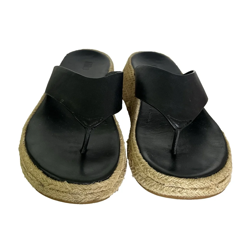 Fitflop F-Mode Espadrille Leather Sandal Size 7 Platform Toe Post Comfort Black